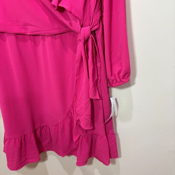 LONDON TIMES NWT Hot Pink Midi Faux Wrap Dress Plus Size 16W Ruffles Long Sleeve - Picture 4 of 11